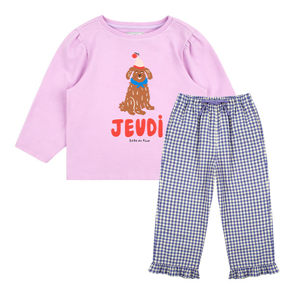 Purple poddle check pants girl pajamas set