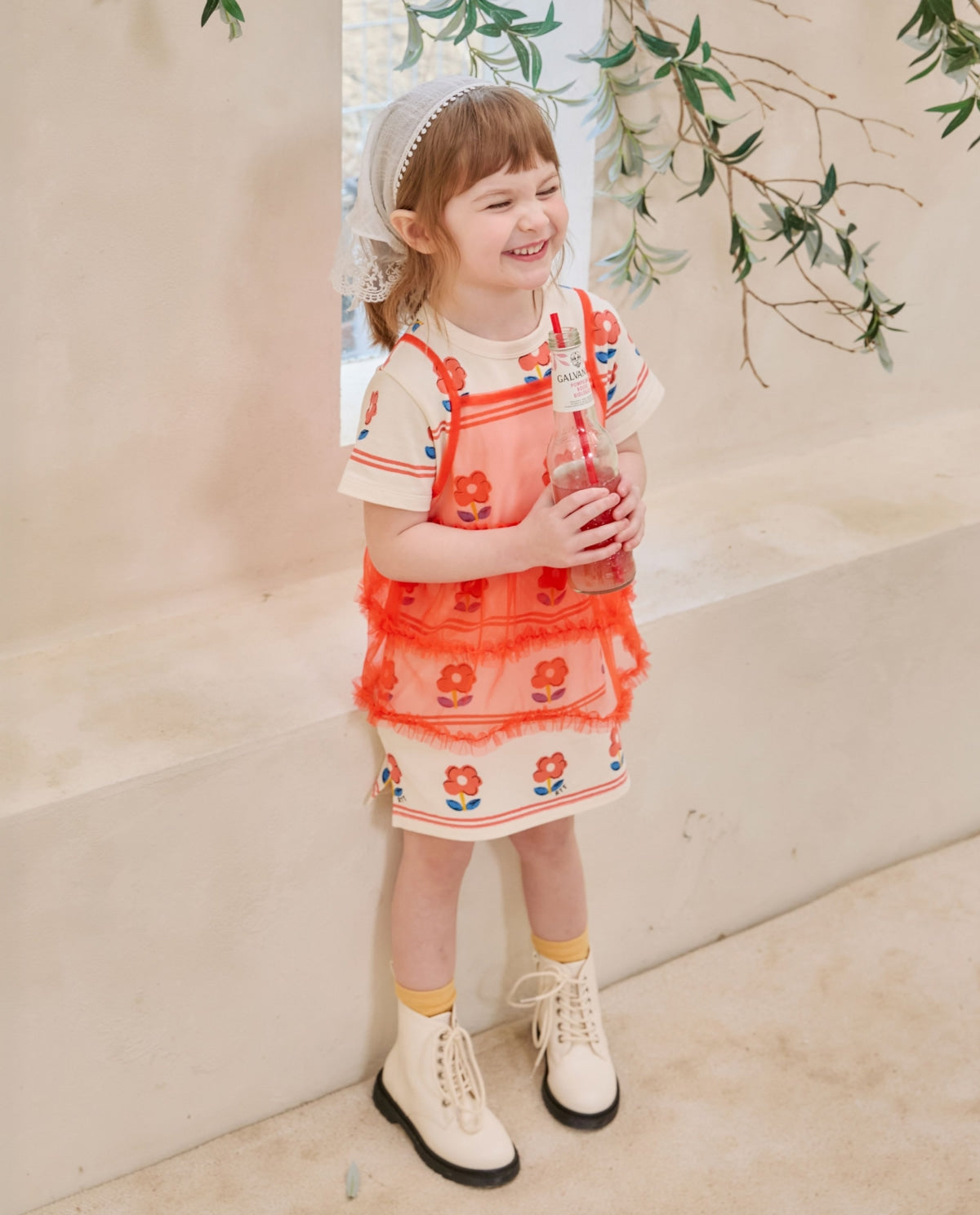 Flower tulle layered dress in ivory