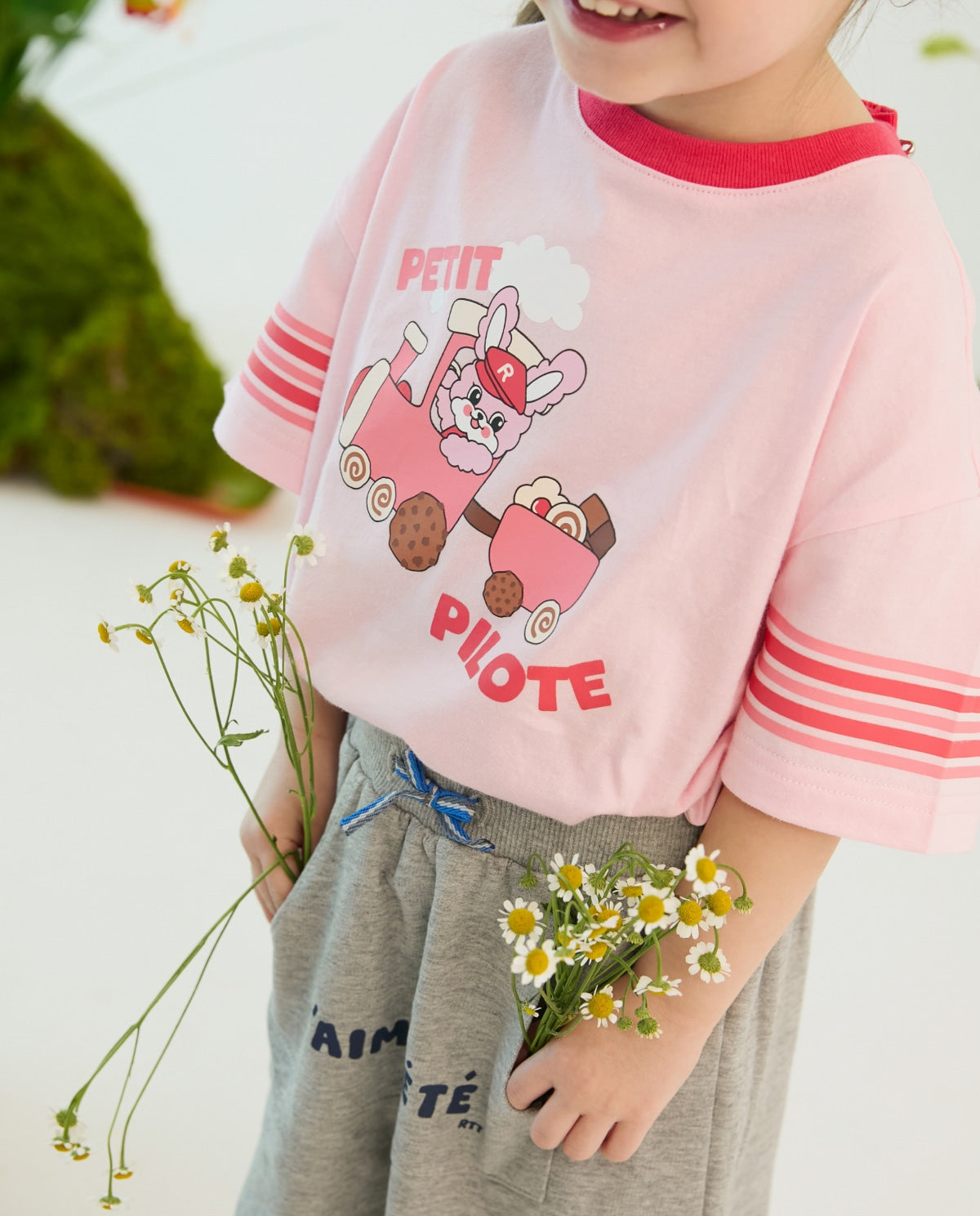 Single-sleeve striped T-shirt light pink
