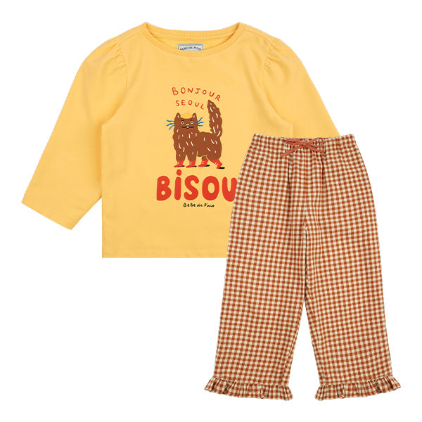 Yellow cat check pants girl pajamas set