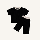 Plain Black Pleated Short Sleeve Set